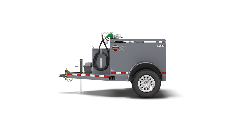 Economy Value Fuel and Service Trailer in stainless steel fits 500 gallons of fuel parked in side view with a green fuel pump on top of the trailer.